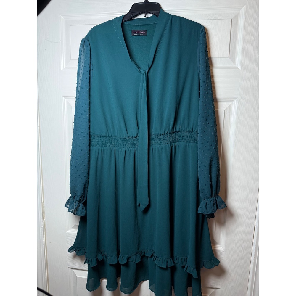 Curlbiuty Womens 2XL Teal Green Swiss Dot Sleeve Tie Neck Smocked Ruffle Dress‎